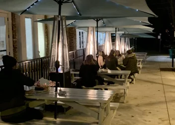 outdoor seating with umbrellas and heaters