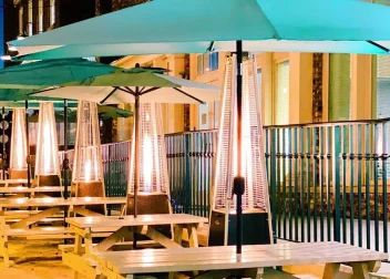 heated outdoor seating with umbrellas